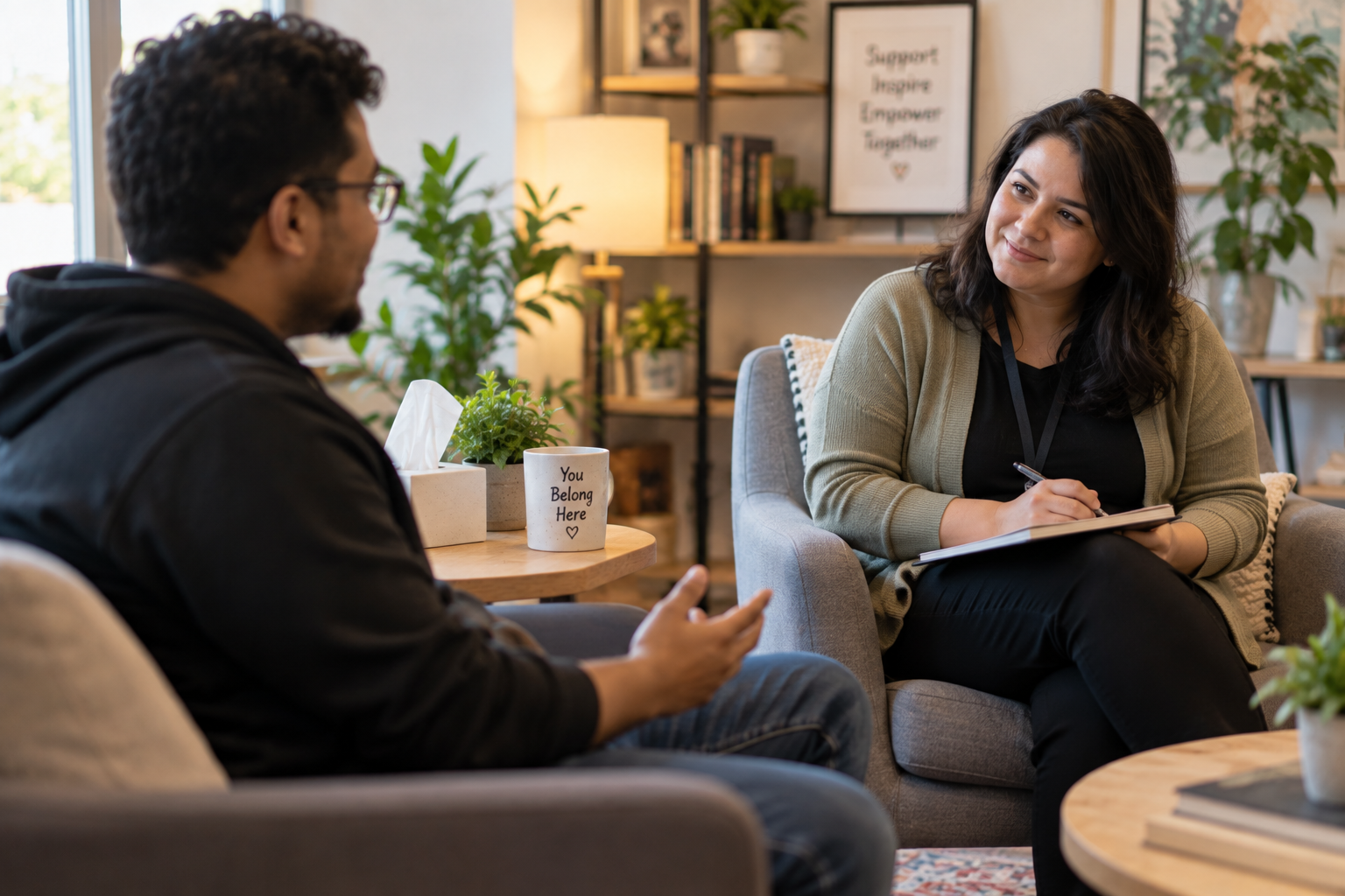 A counsellor and a client talking in a warm, comfortable room