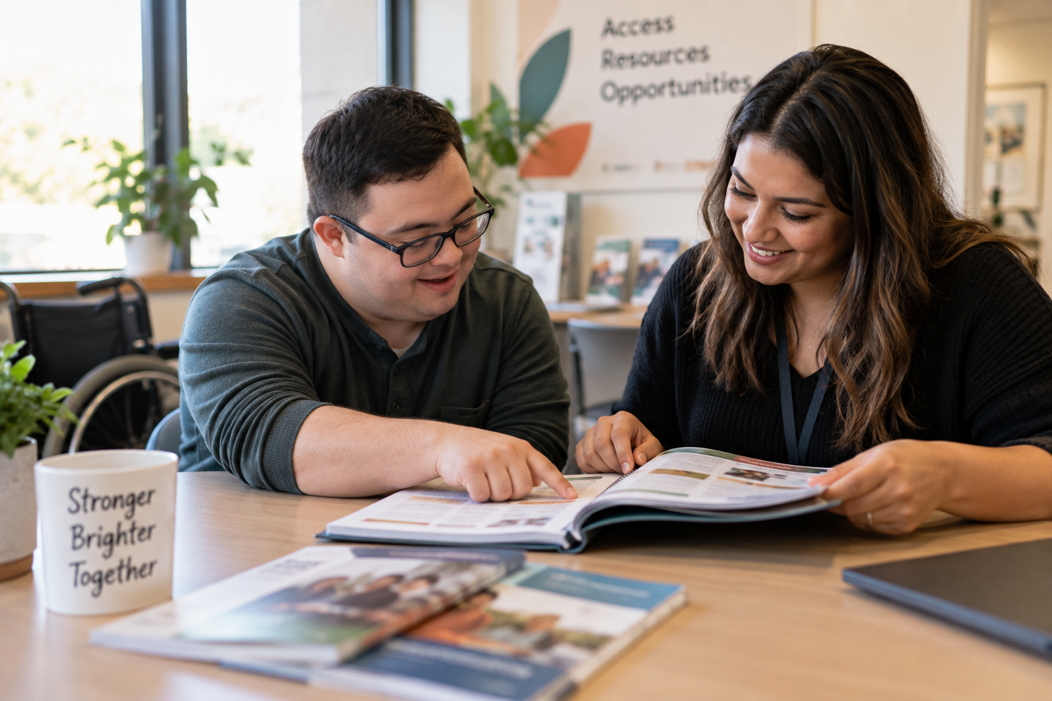 Two people reading through a printed resource guide together