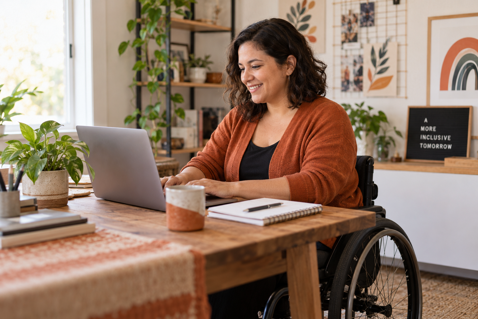 A woman using a wheelchair works on a laptop at a home desk