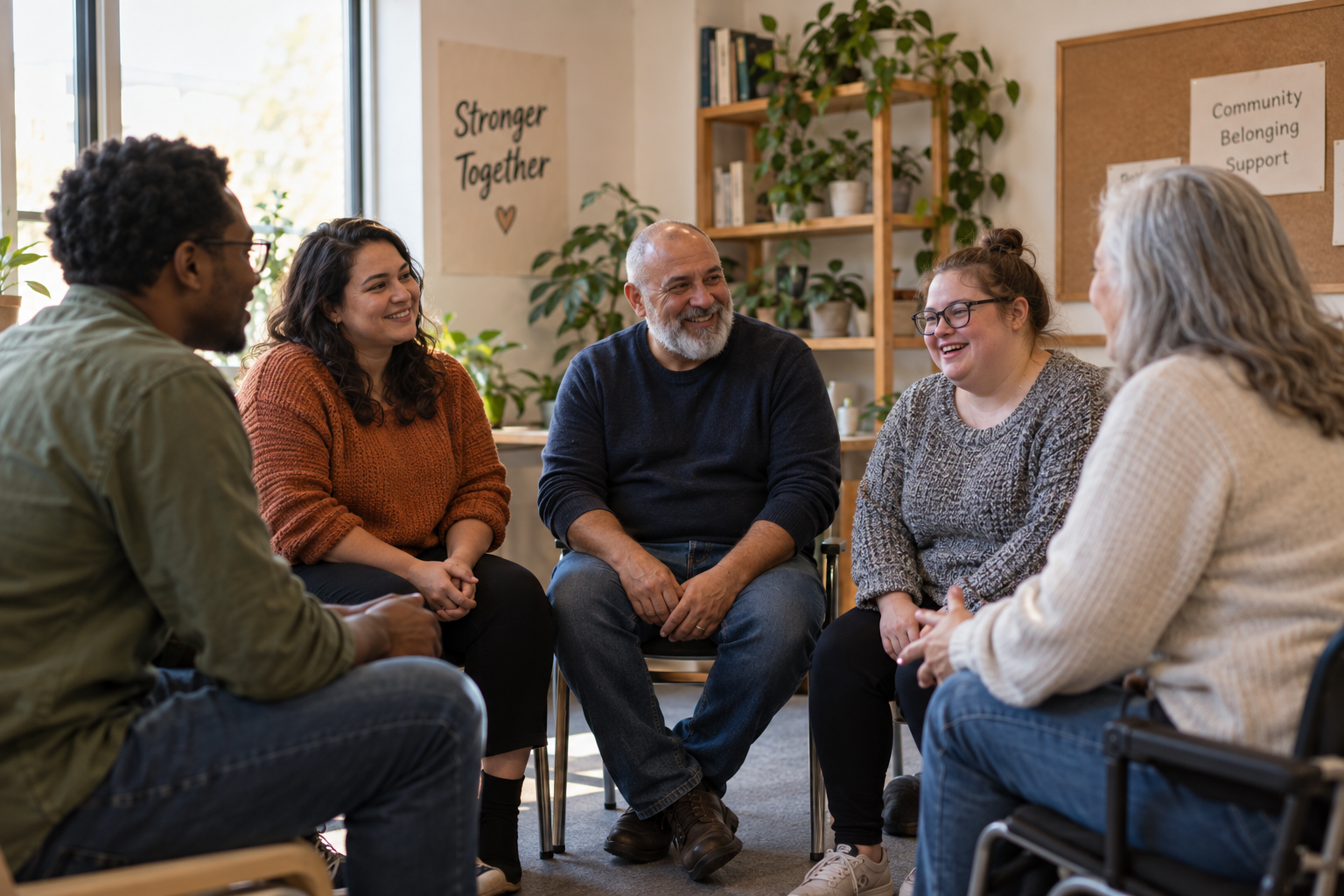 A peer support group sitting in a circle and talking together